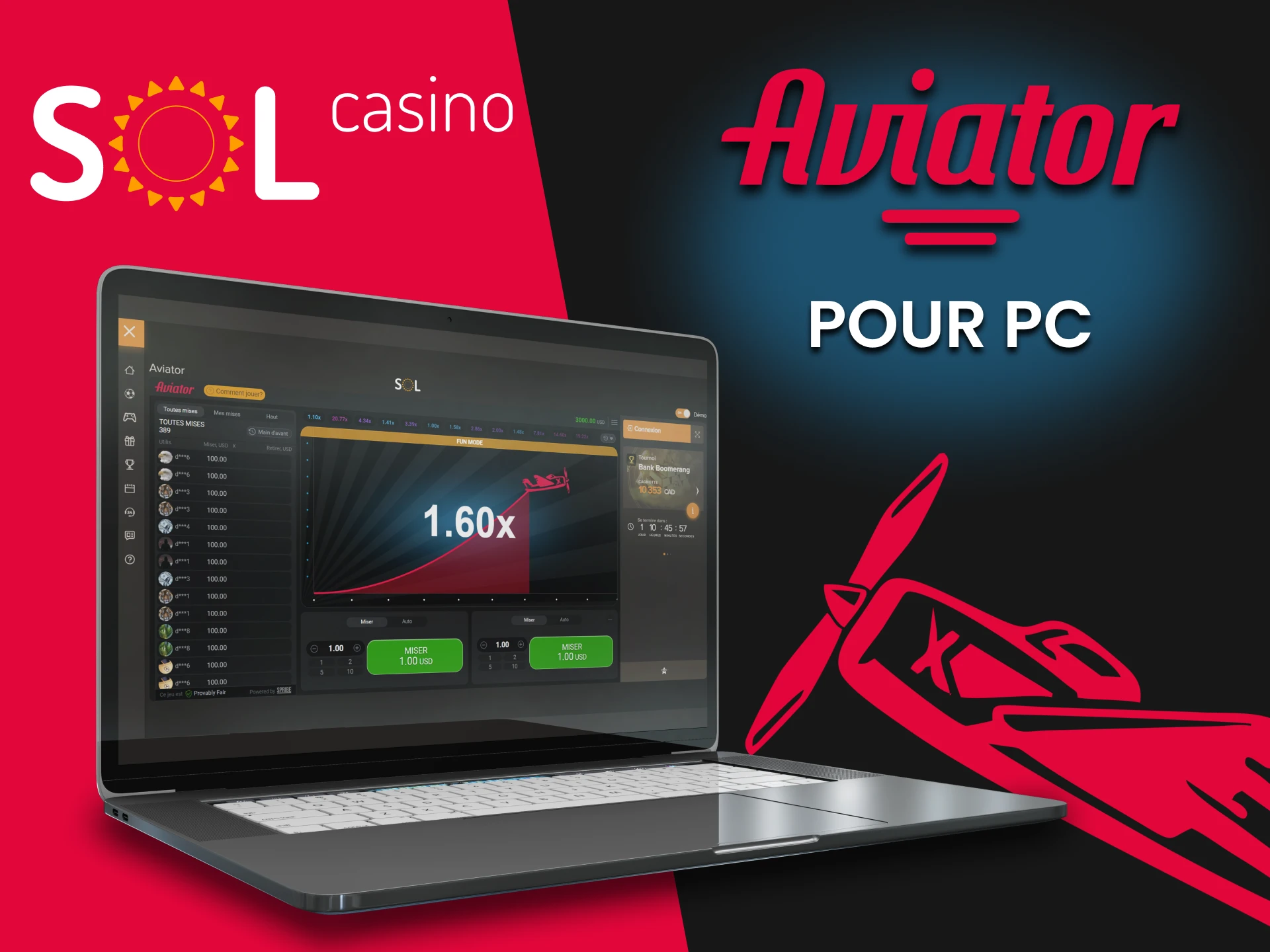 Essayez le jeu Aviator dans la version PC de Sol Casino.