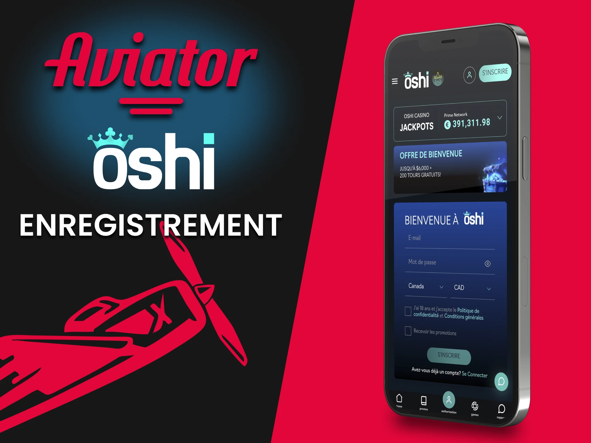 Inscrivez-vous à l'application Oshi Casino pour le jeu Aviator.