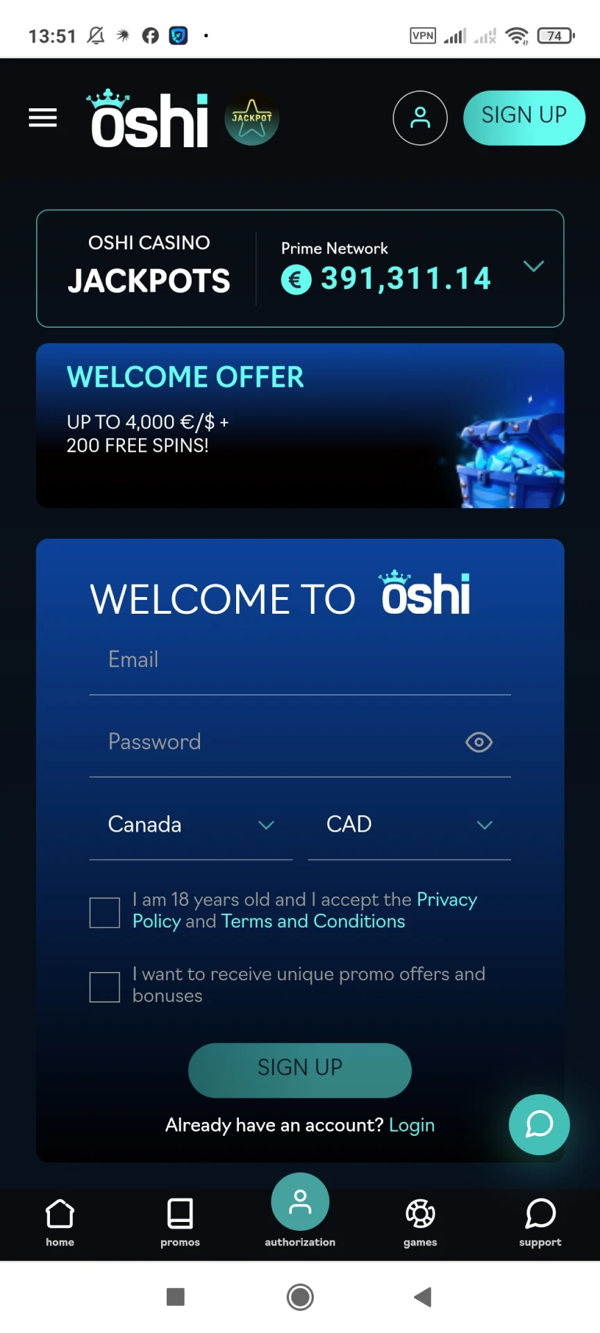 Visitez la page d'inscription de l'application Oshi Casino.