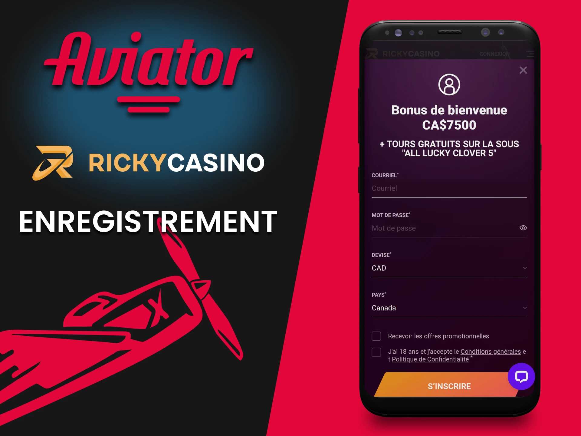 Inscrivez-vous dans l'application Ricky Casino pour le jeu Aviator.