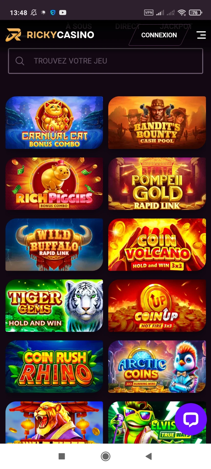 Visitez la page des jeux de l'application Ricky Casino.