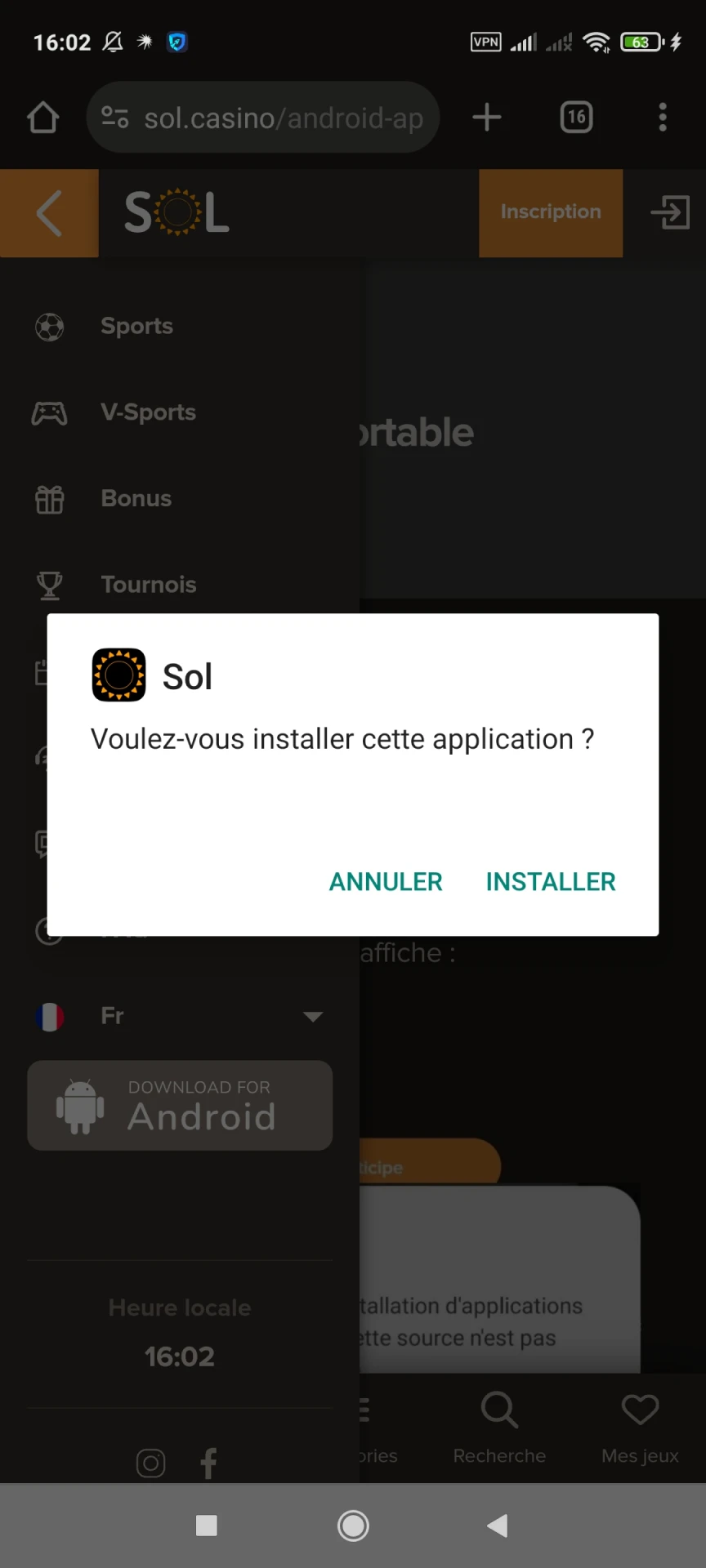 Installez l'application Sol Casino pour Android.