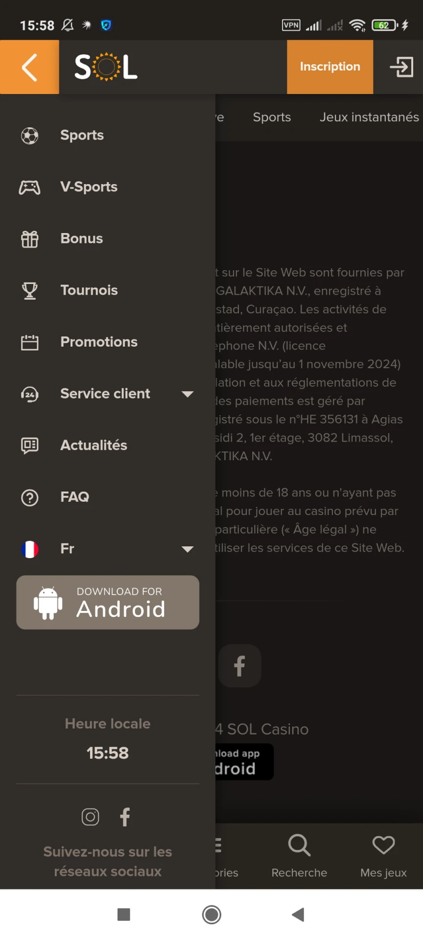 Téléchargez l'application Sol Casino pour Android.