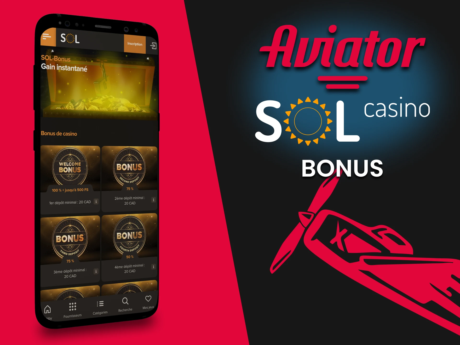 Lorsque vous jouez à Aviator dans l'application Sol Casino, vous obtenez un bonus.