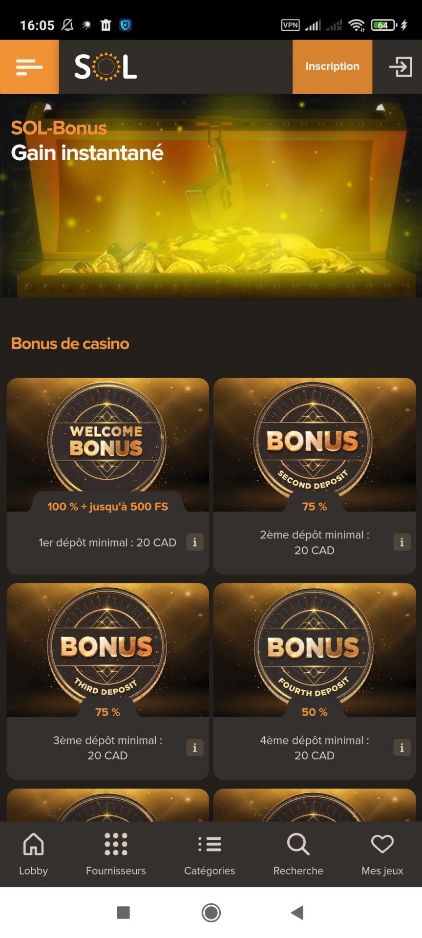 Visitez la page des bonus de l'application Sol Casino.