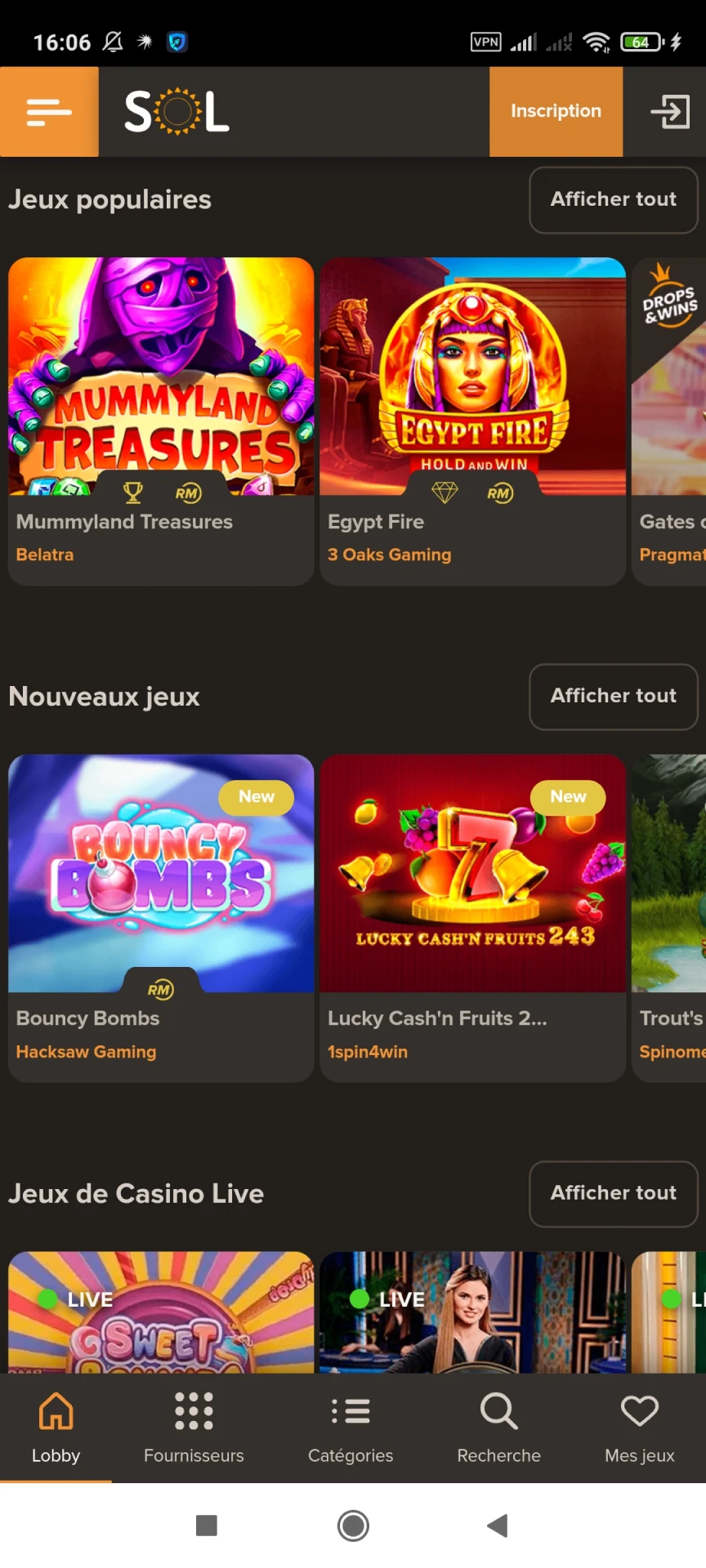 Visitez la page des jeux de l'application Sol Casino.