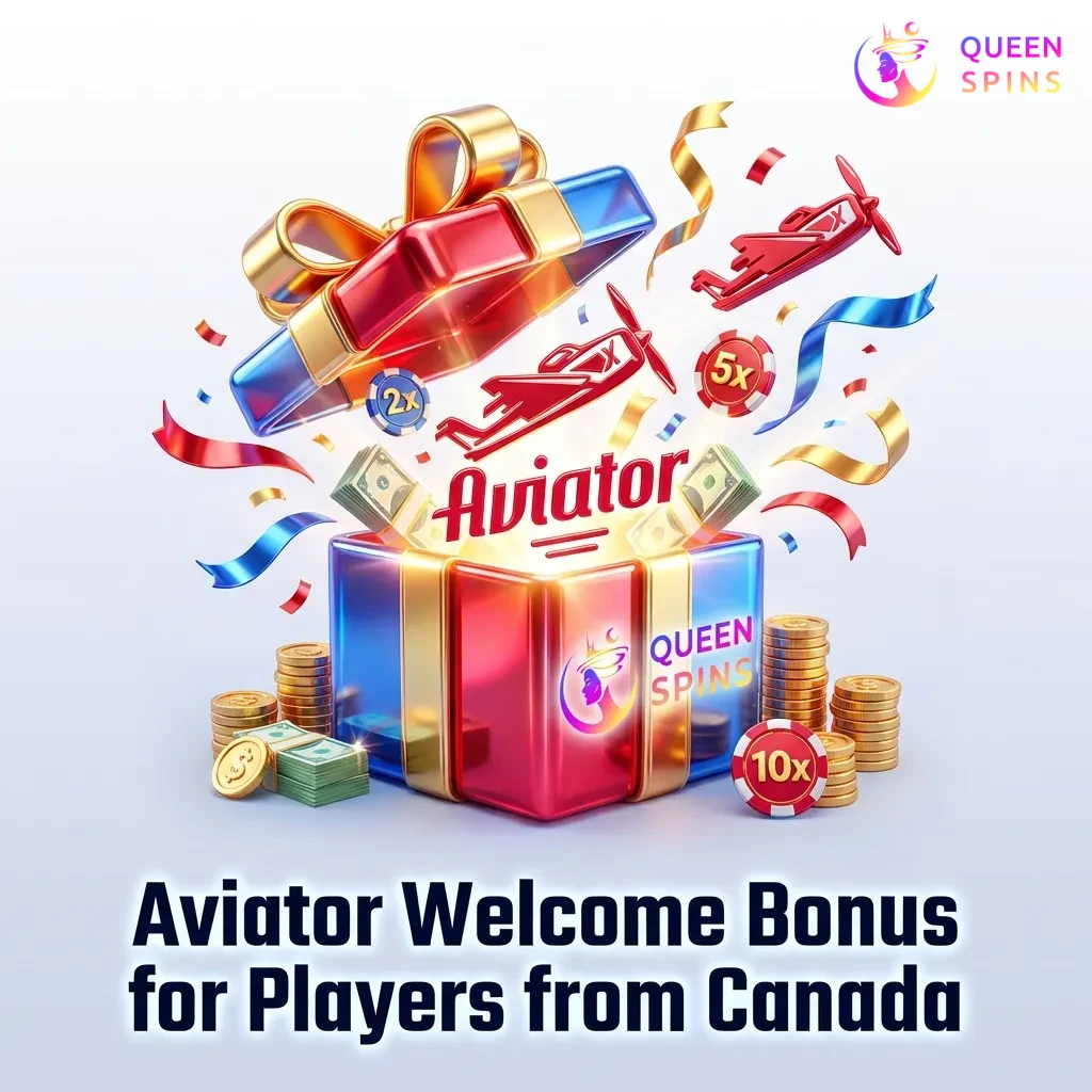 Queenspins welcome bonus package showing up to €1200 + 100 free spins for Aviator game with deposit and wagering details
