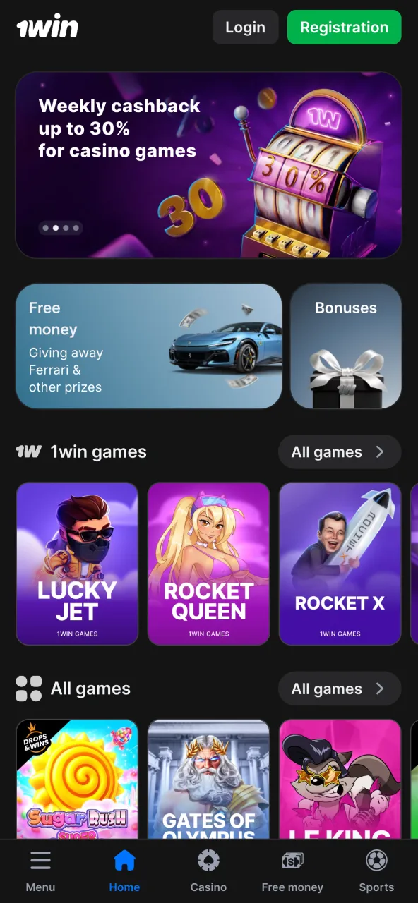 Main 1win homepage featuring top online games and casino options.