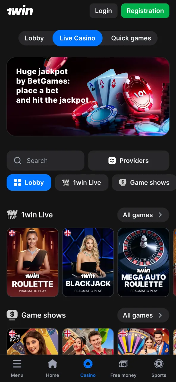 Live casino page on 1win featuring real dealers and table games.