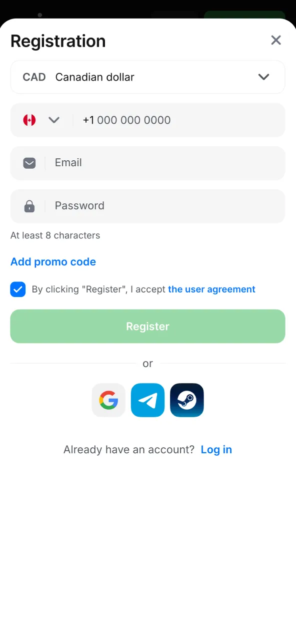 Registration page on 1win inviting users to join and access games.