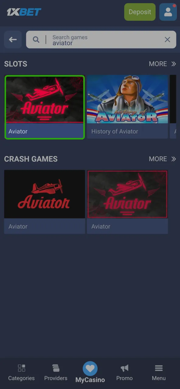 Launch Aviator in the 1xbet casino section and start playing.