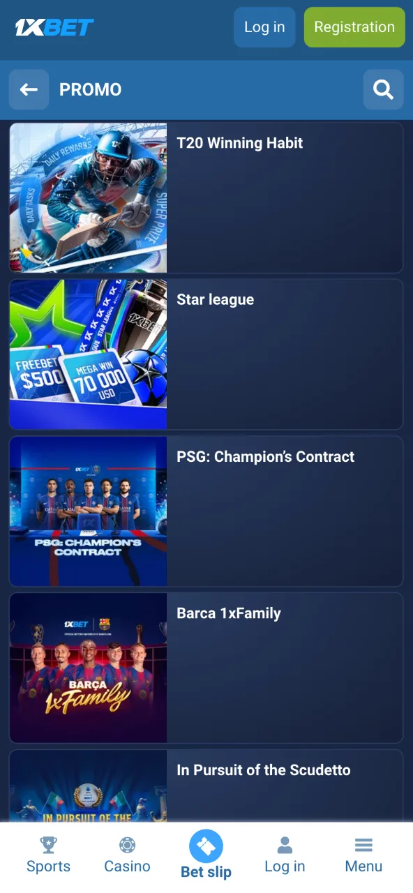 1xbet bonuses section featuring offers and gaming promotions.