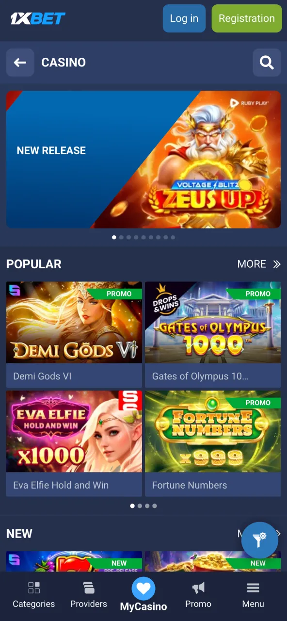 1xbet games section with many titles across different categories.