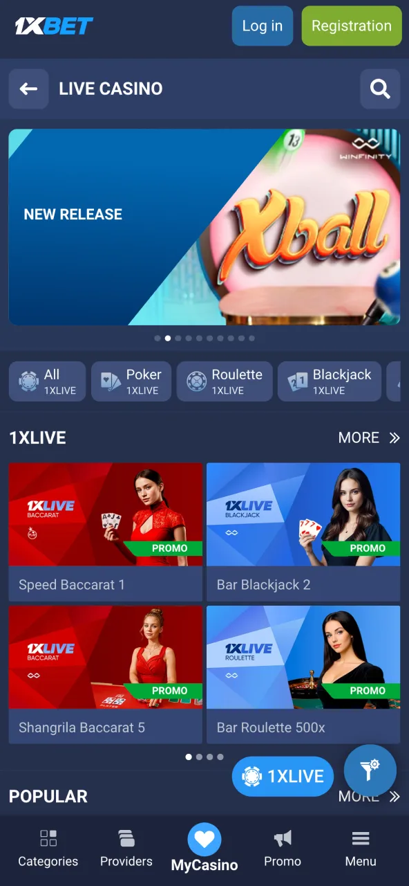 1xbet live casino section with interactive dealers and gaming tables.