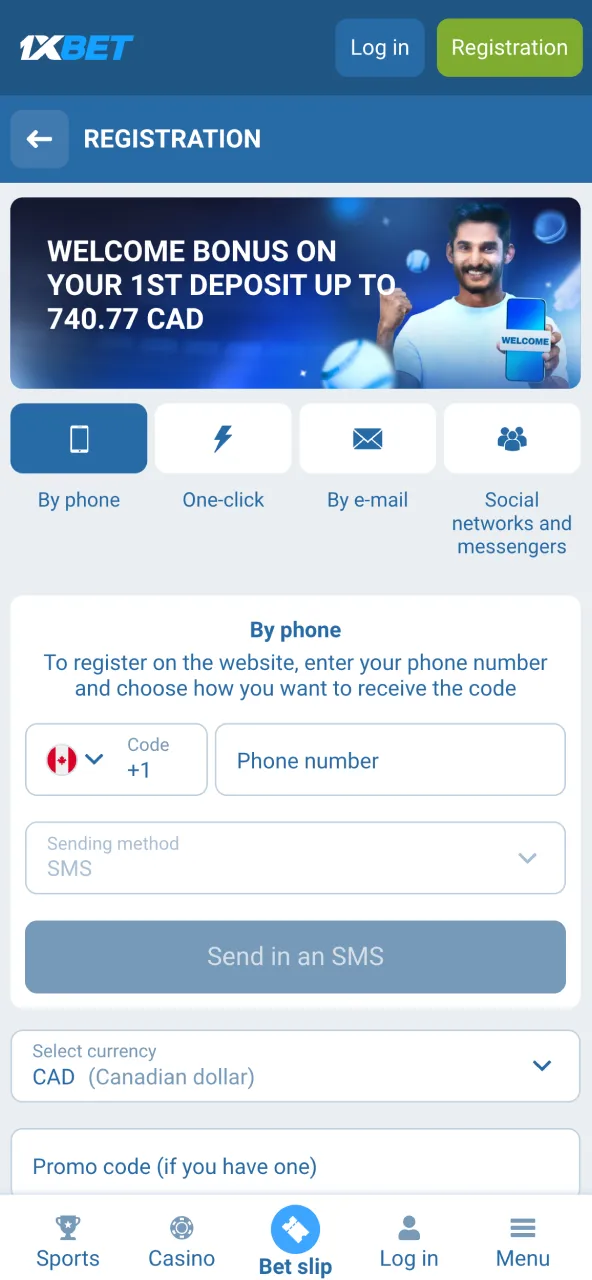 1xbet signup screen prompting new players to create an account.