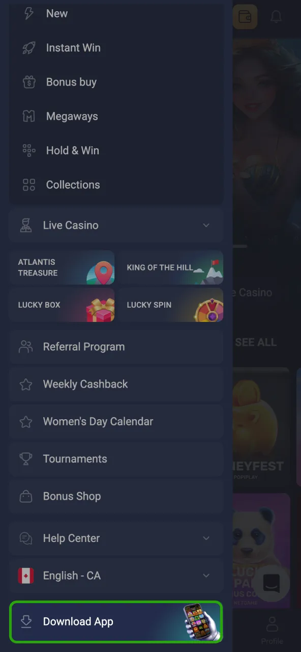 Scroll down on Joo Casino until the Android button appears and tap it.