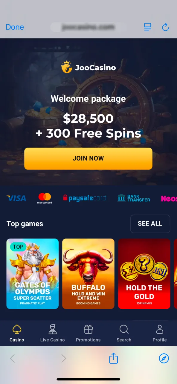 Start Safari and head to the official Joo Casino website.
