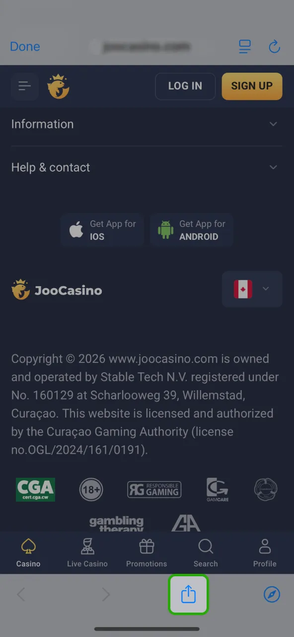 Tap the Safari Share button to continue adding Joo Casino.