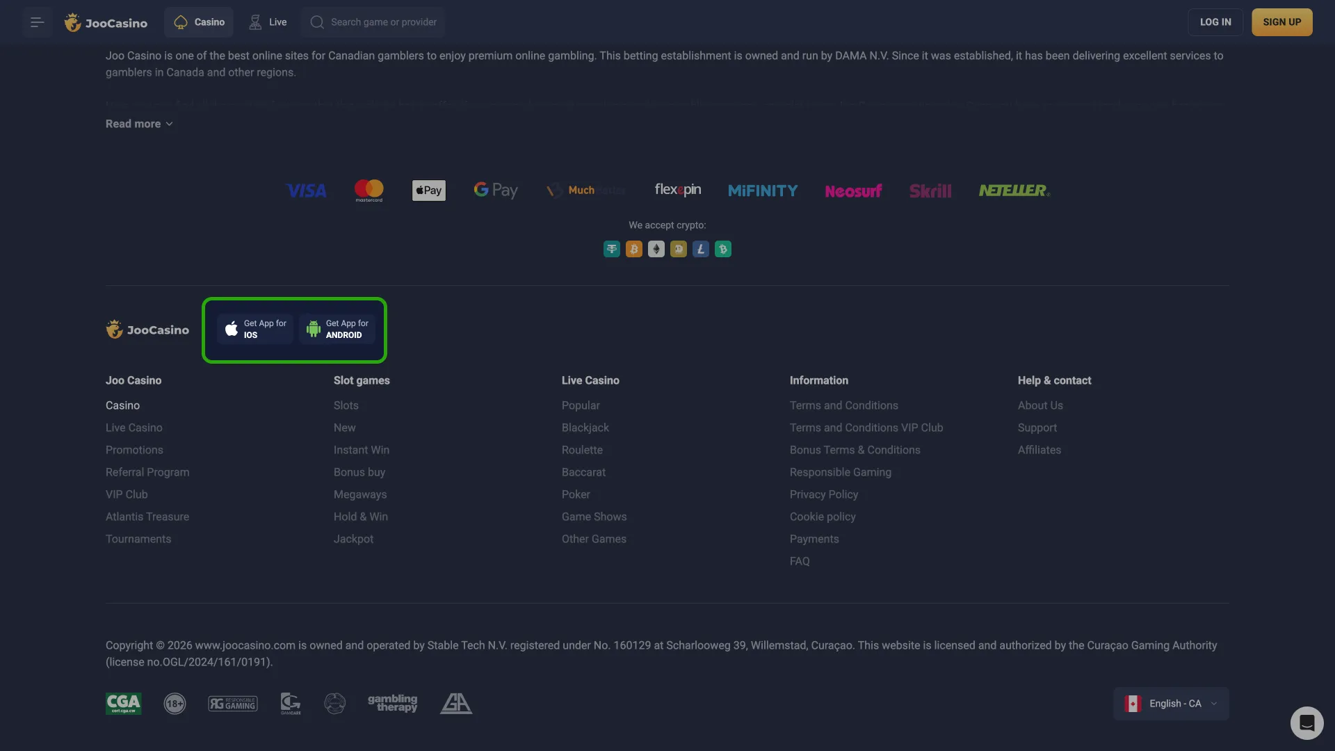 Pick Windows or macOS in the Joo Casino desktop download section.