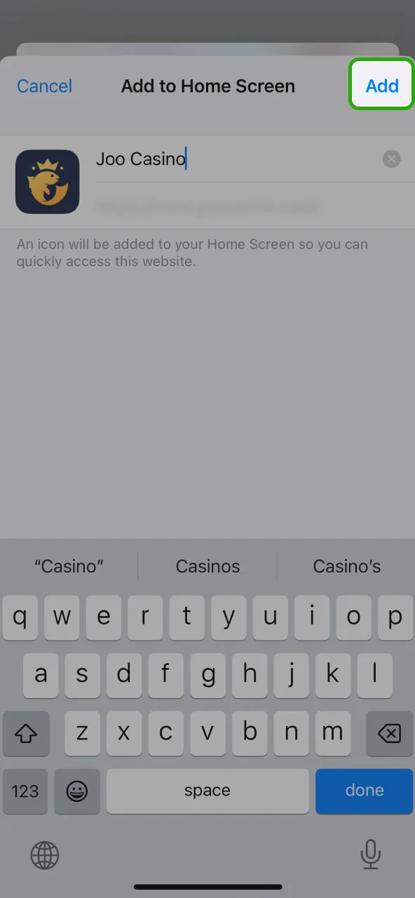 Verify the title and press add to pin Joo Casino.