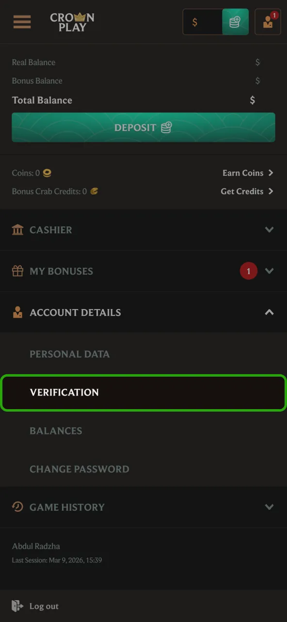Account verification instructions appear for CrownPlay, requesting ID and address proof.