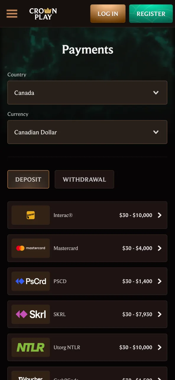 Add funds to CrownPlay using Interac card or e‑wallet minimum 10 CAD.