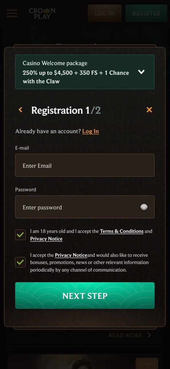 Complete the CrownPlay signup form with email password Canada and CAD.