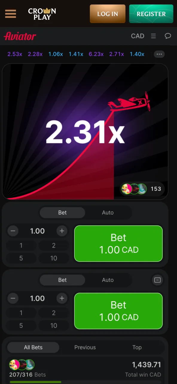 Search for Aviator in the CrownPlay casino and start the game.