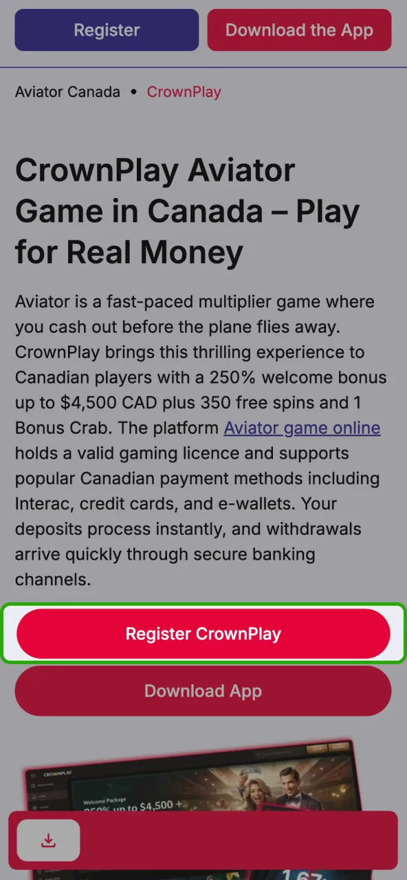 Go to the verified CrownPlay website using your browser.