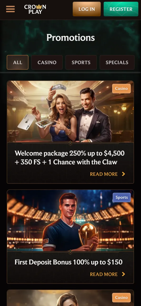 Promotional page on CrownPlay with various bonuses for game players.