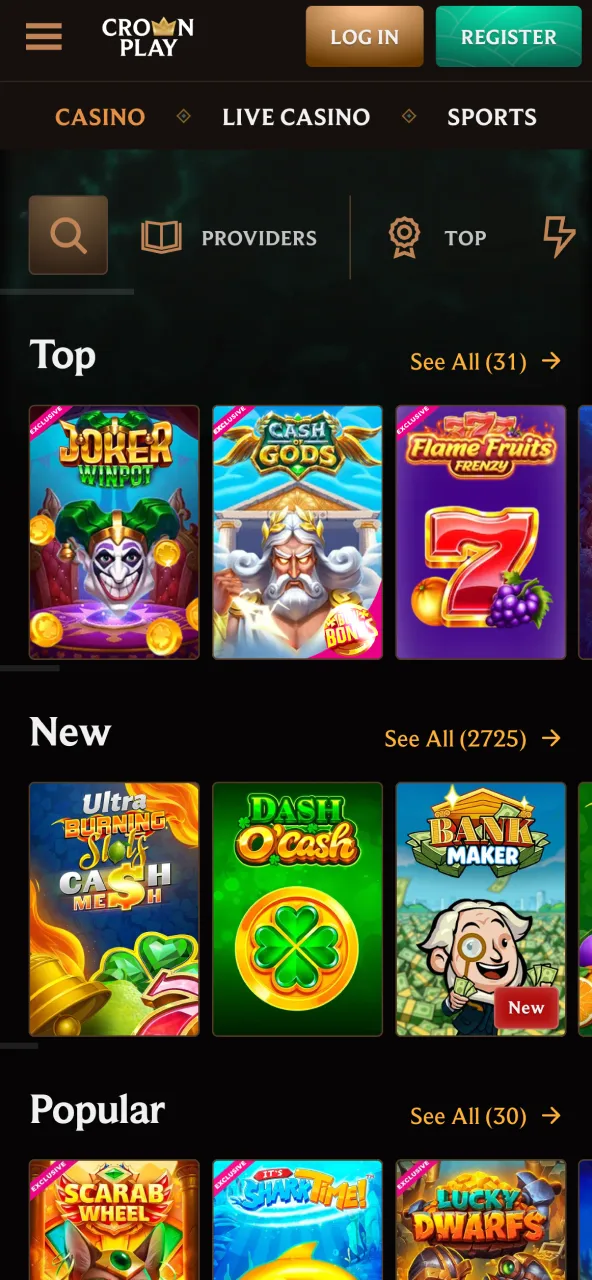 Large selection of games on CrownPlay displayed in multiple categories.