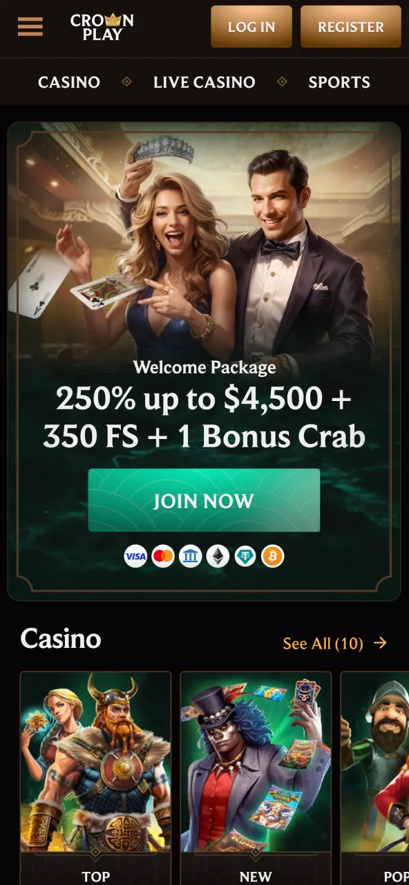 Central CrownPlay landing page showing popular games and new releases.