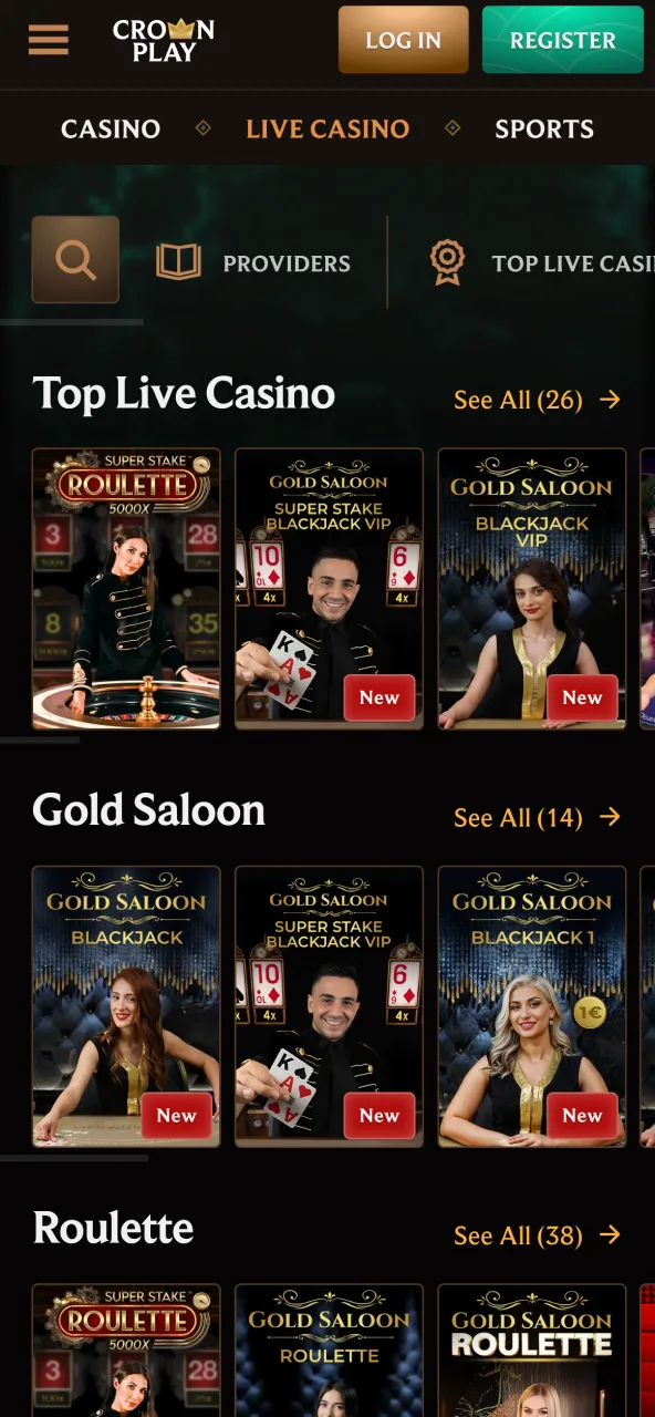 Real dealer casino page on CrownPlay offering live game sessions.