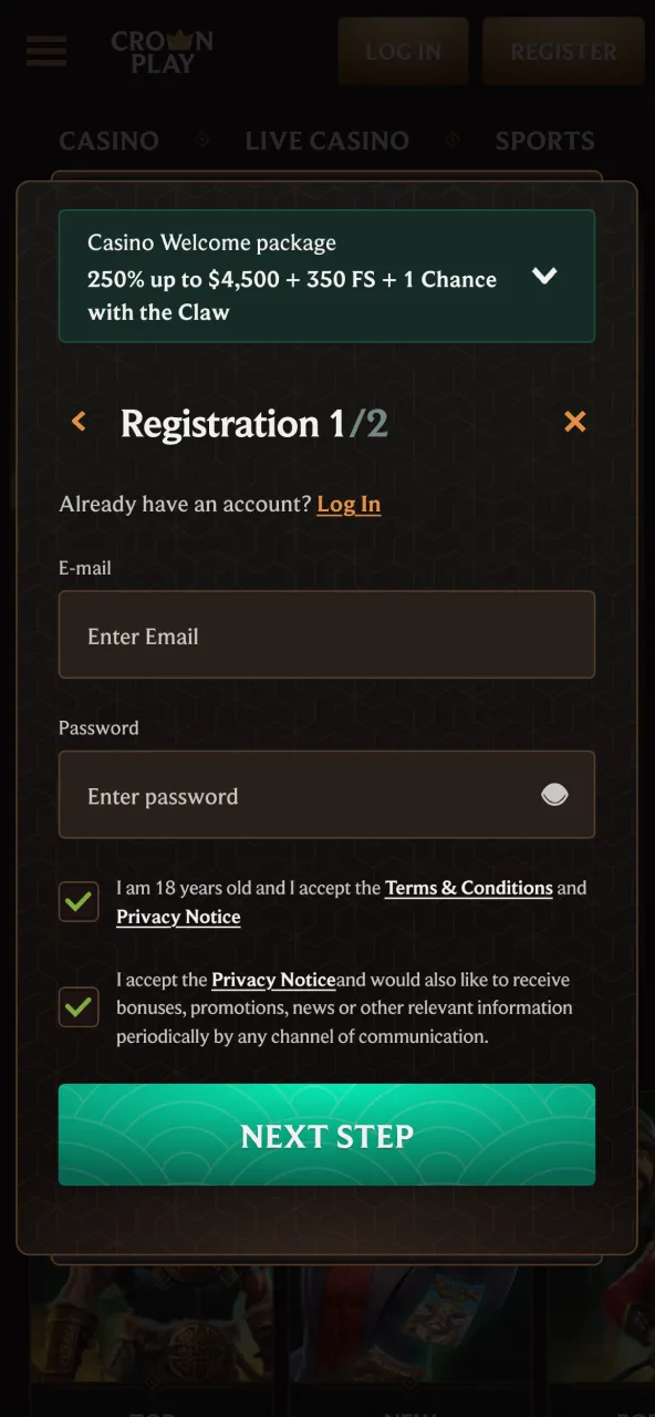 Registration form on CrownPlay for entering details and starting gaming.