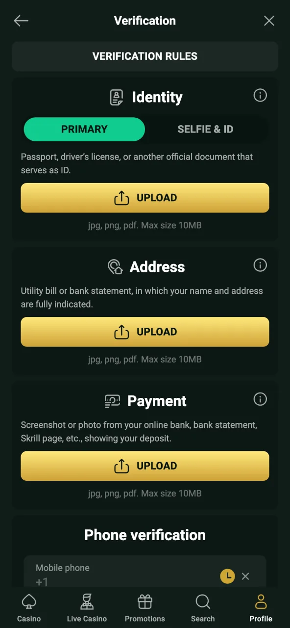 Provide ID and address documents on Goldex for faster withdrawals.