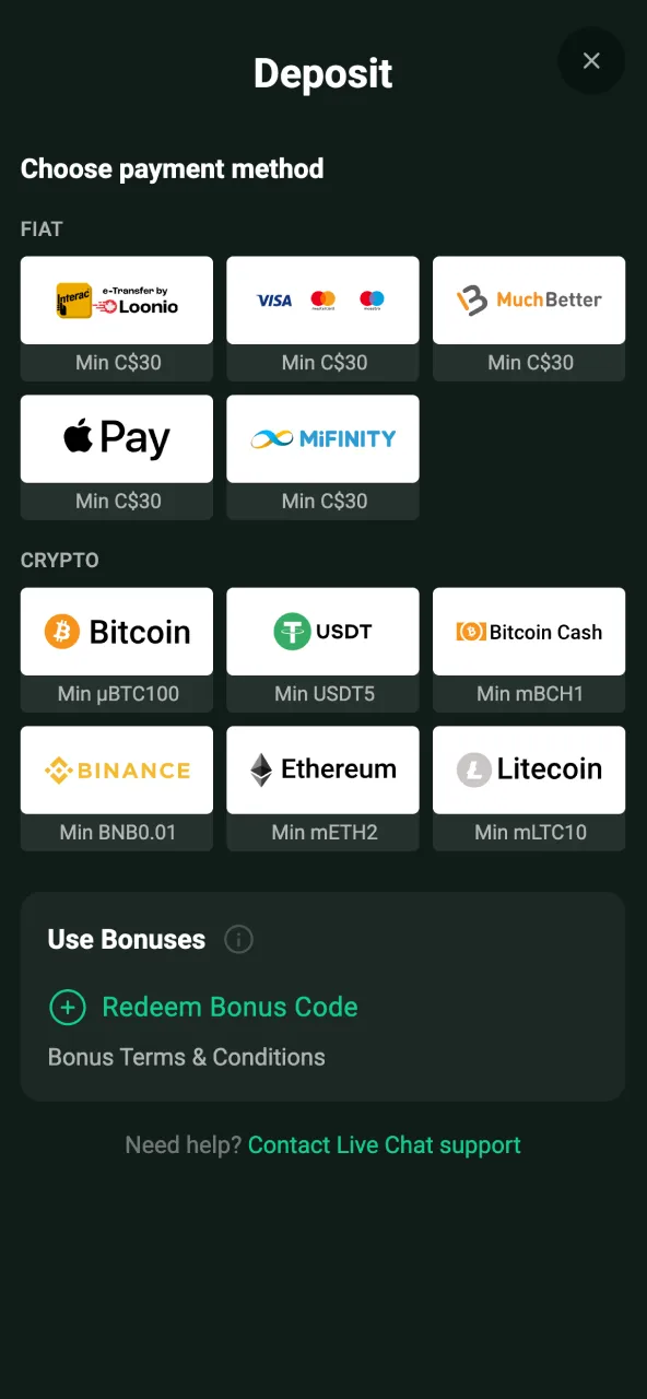 Use the Goldex cashier to deposit with Interac card or e‑wallet.
