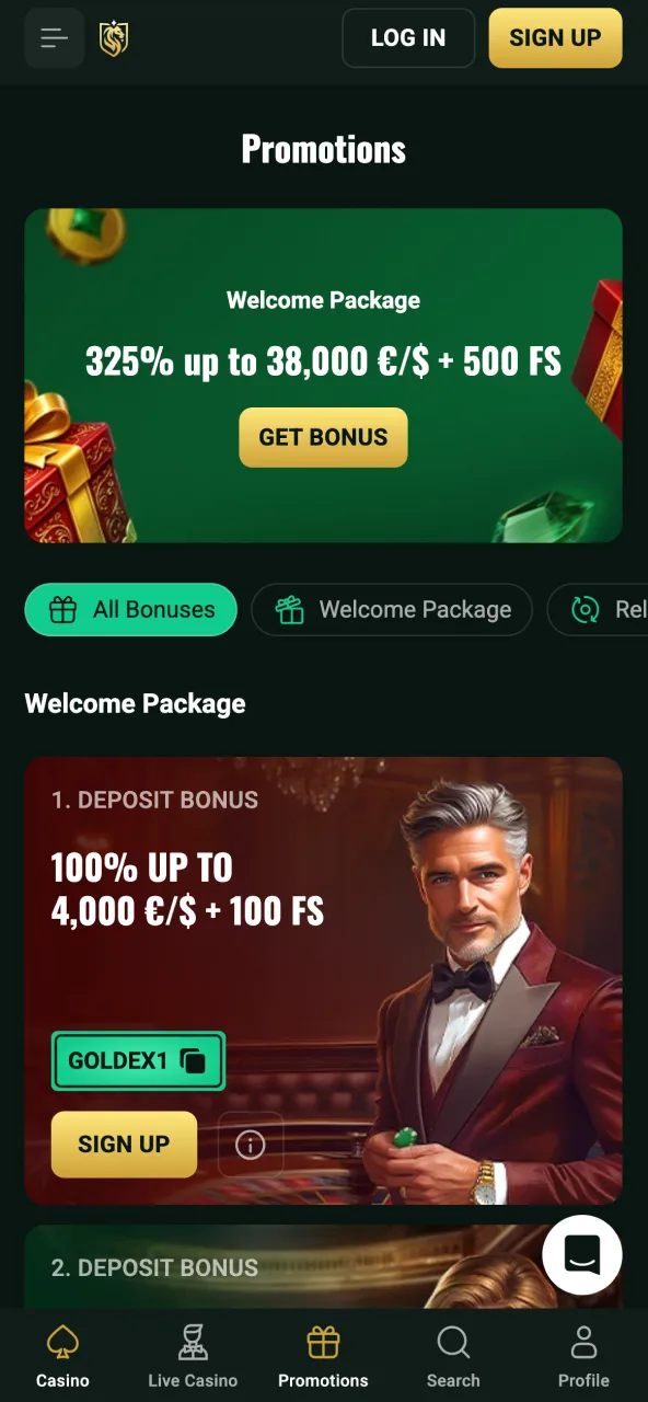 Goldex interface displaying active bonuses and special gaming deals.