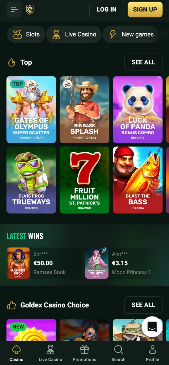 Goldex game page featuring diverse titles and organized categories.