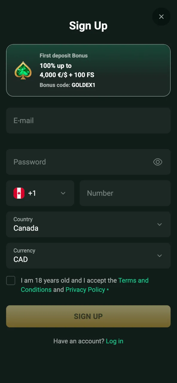Goldex account creation page for quick access to online games.