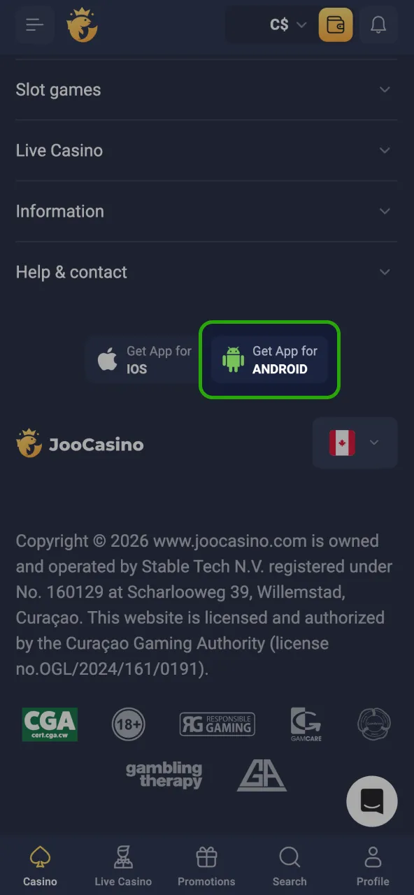Tap the Android download link in the lower section of Joo Casino.