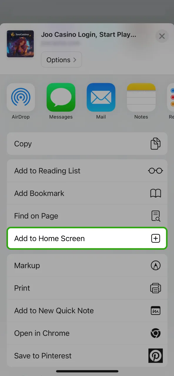 Pick Add to Home Screen to create a Joo Casino icon.