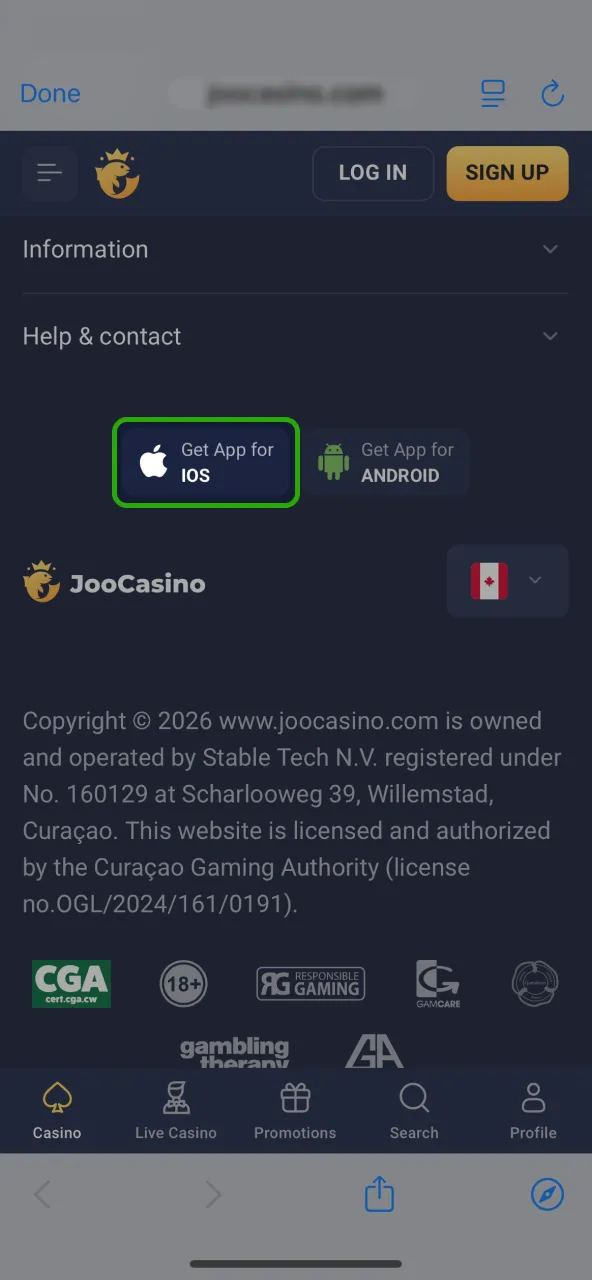 Go to the Joo Casino footer and tap the iOS installation link.