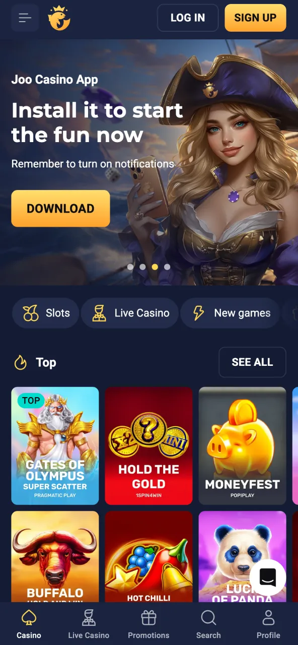 Homepage of Joo Casino with access to various online games.