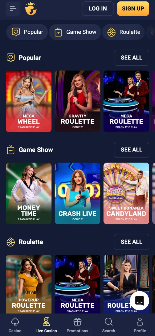 Live gaming page on Joo Casino with real dealers hosting tables.