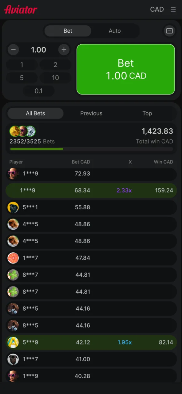A full list of players and their bets appears in the Aviator round.