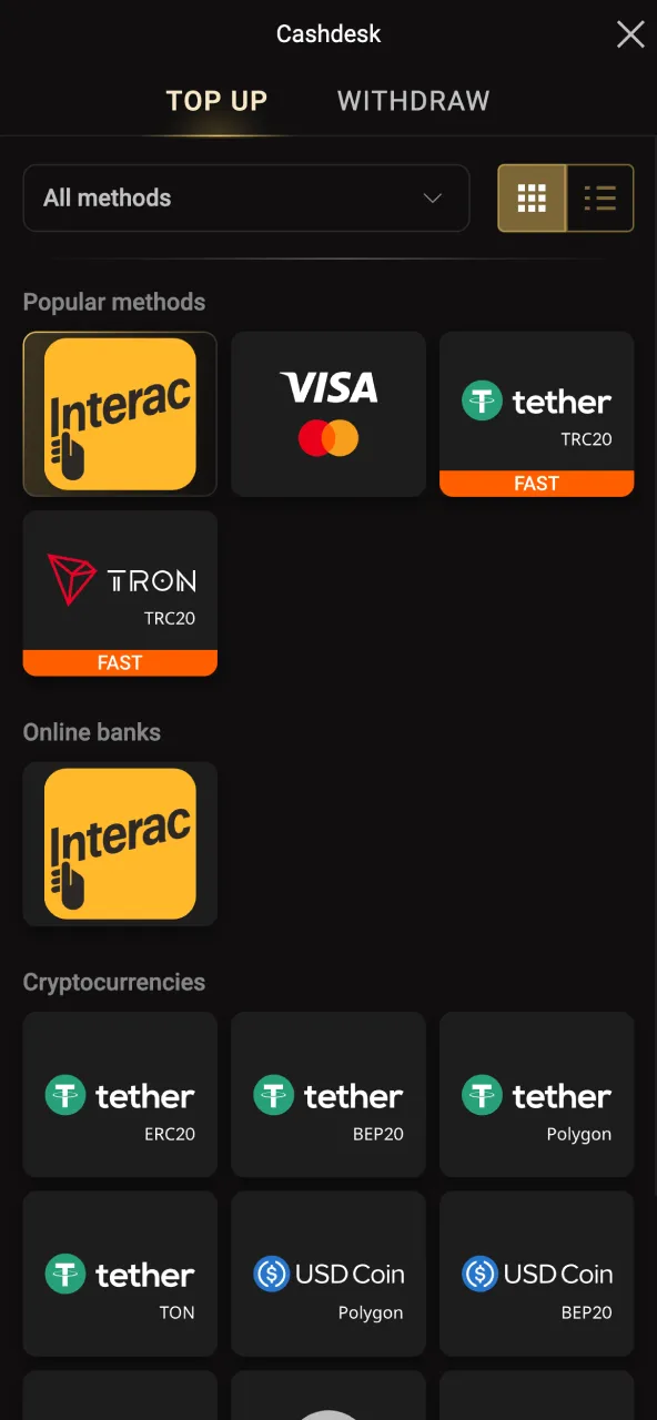 Fund your Pinco account through Interac credit card or e‑wallet.