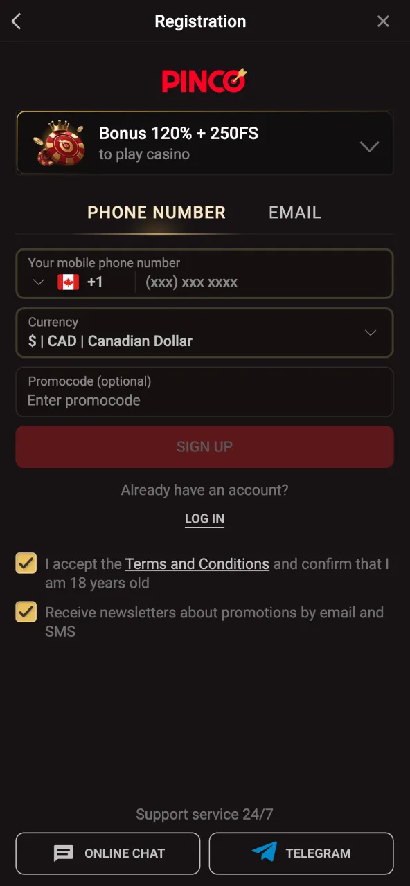 Fill out the Pinco registration fields including email Canada and CAD.
