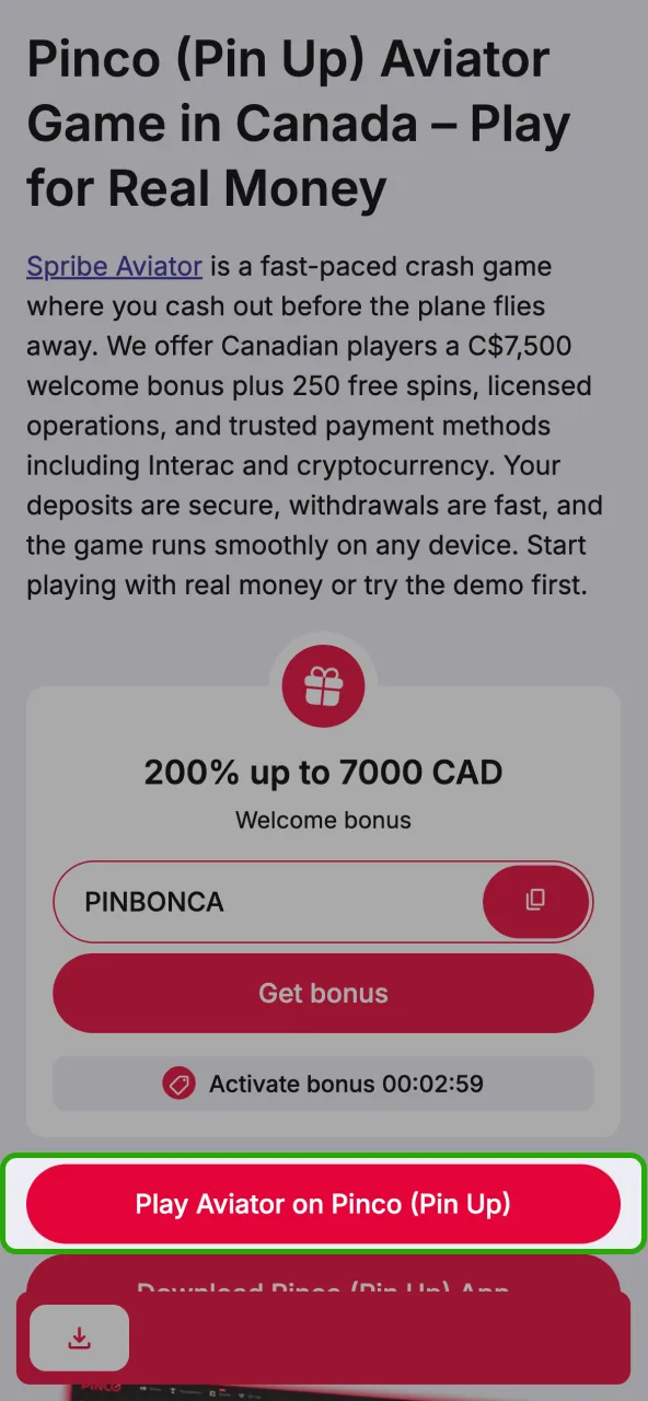 Use your browser to reach the official Pinco platform.