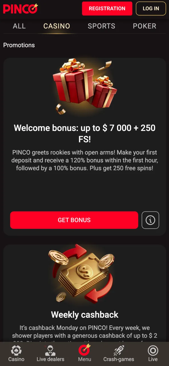 Pinco promotions page highlighting rewards and gaming incentives.