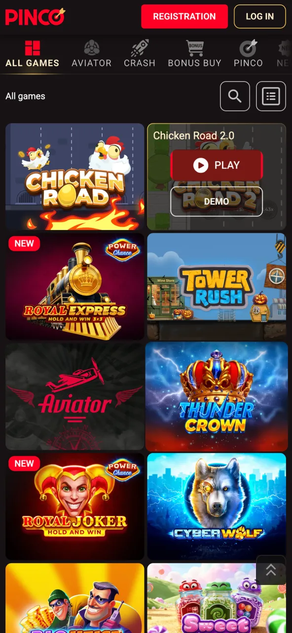 Pinco interface showing numerous games sorted into categories.